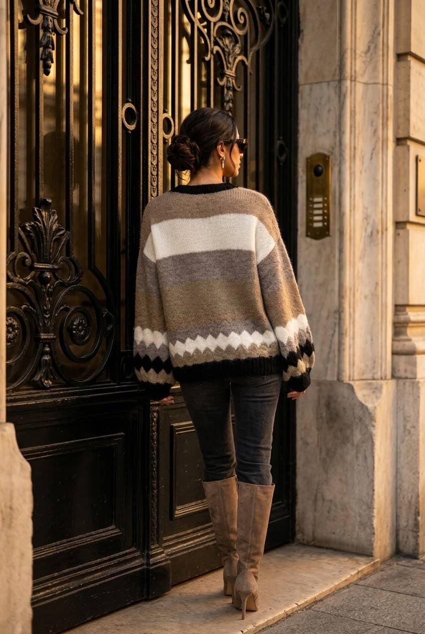 Women's oversized striped knit sweater: Brun / L/XL