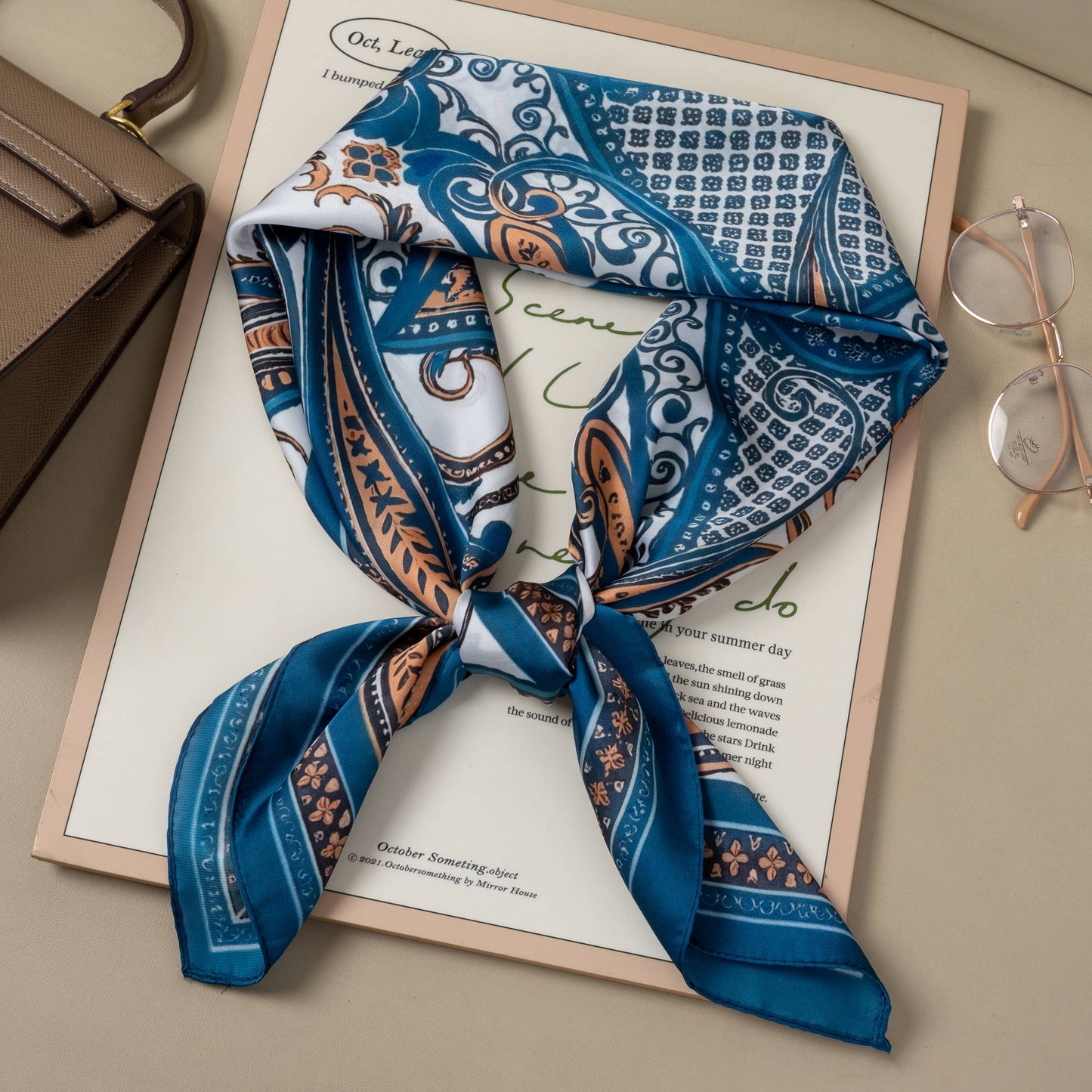 90×90 cm square scarf, polyester silk-effect, blue paisley