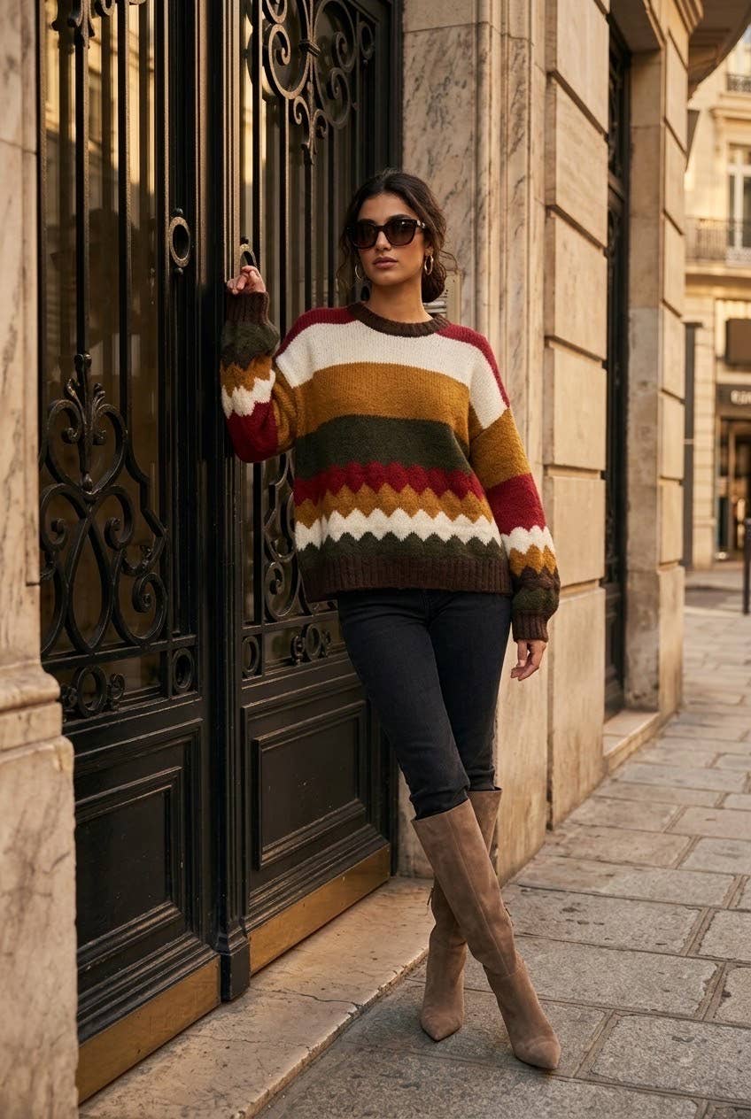 Women's oversized striped knit sweater: Brun / L/XL