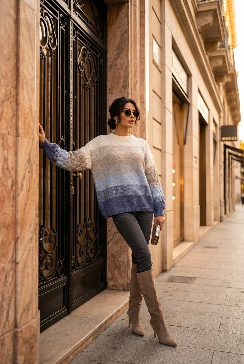 Women's striped novelty knit sweater: Orange / L/XL