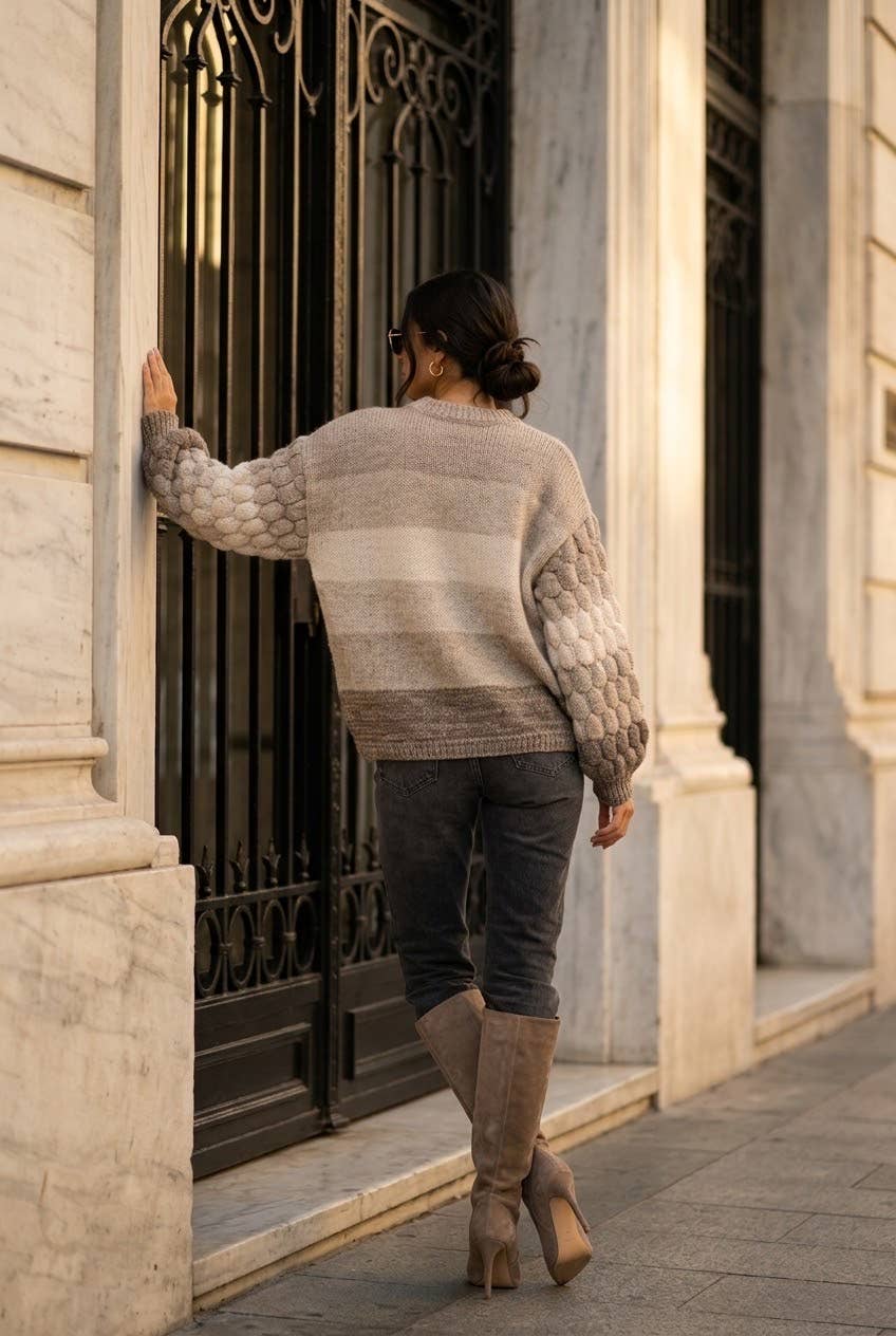 Women's striped novelty knit sweater: Orange / L/XL