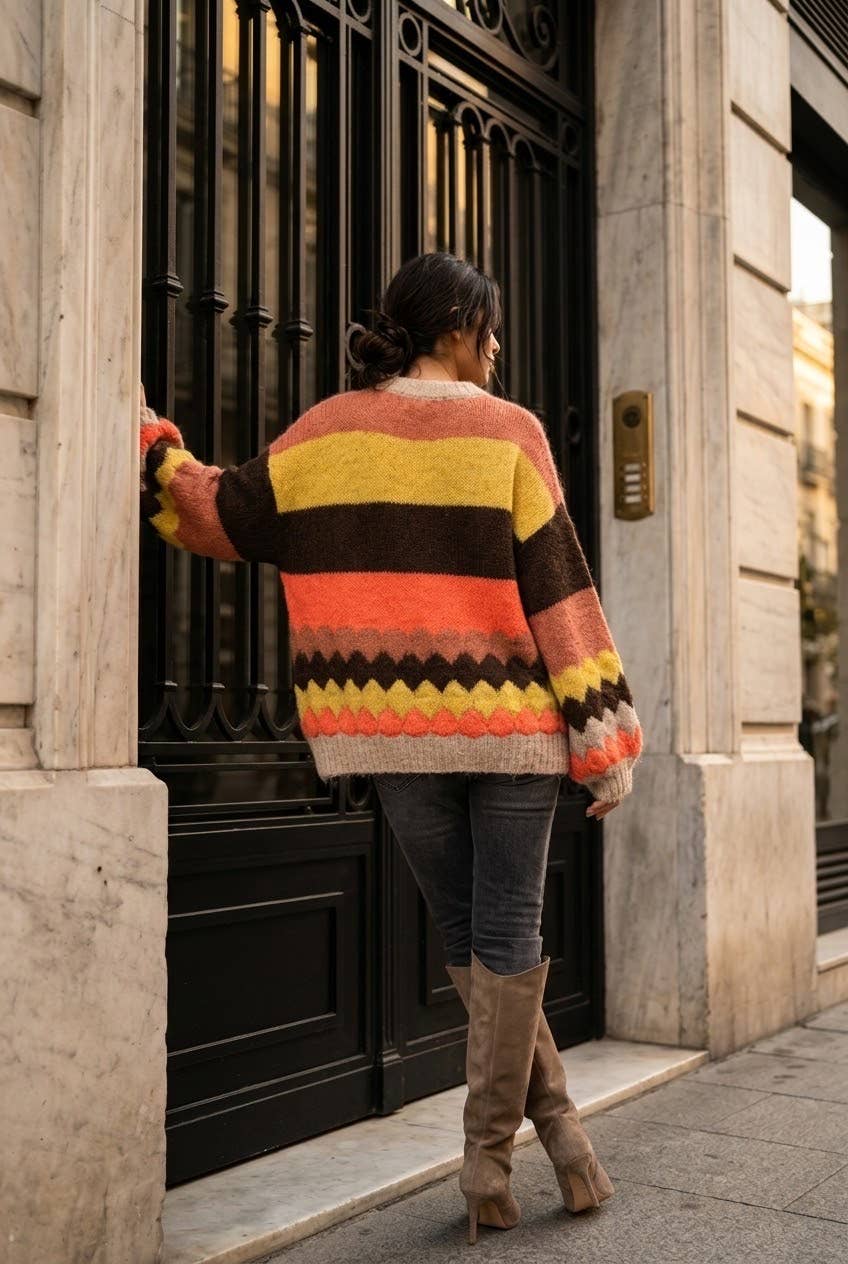 Women's oversized striped knit sweater: Brun / L/XL