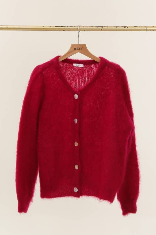 Round neck buttoned cardigan in 80% kid mohair: Beige / One size