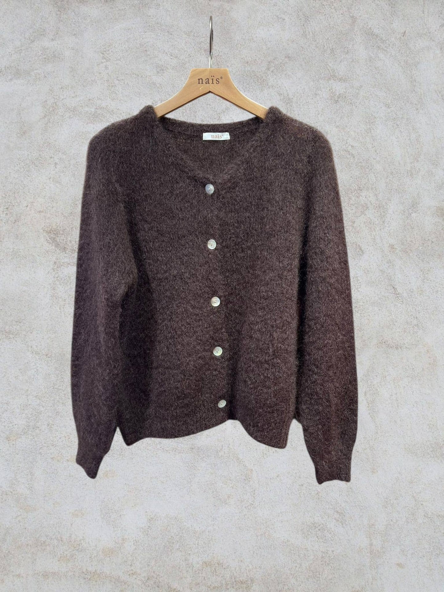 Round neck buttoned cardigan in 80% kid mohair: Beige / One size