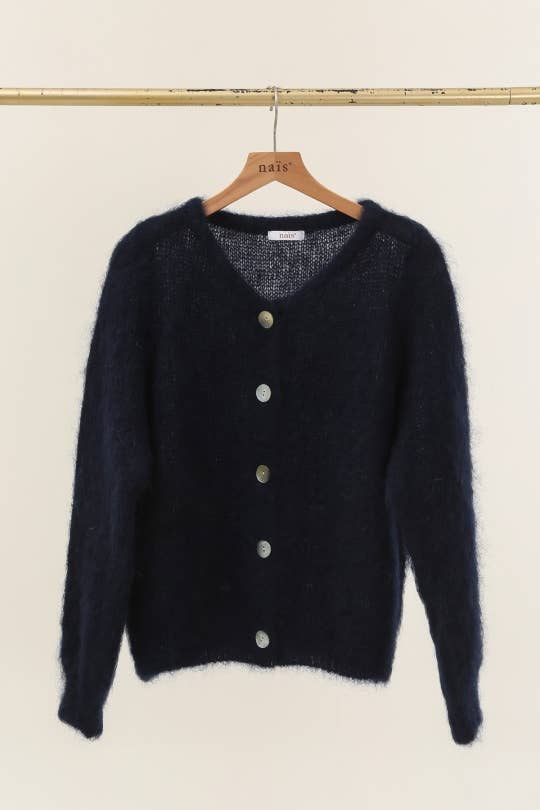 Round neck buttoned cardigan in 80% kid mohair: Beige / One size