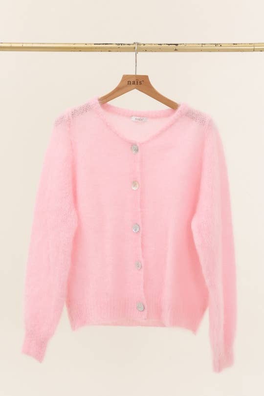 Round neck buttoned cardigan in 80% kid mohair: Beige / One size