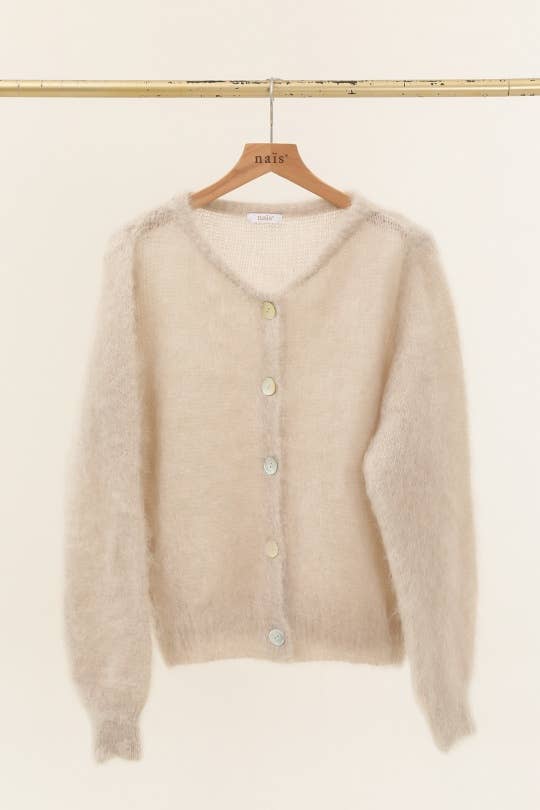 Round neck buttoned cardigan in 80% kid mohair: Beige / One size