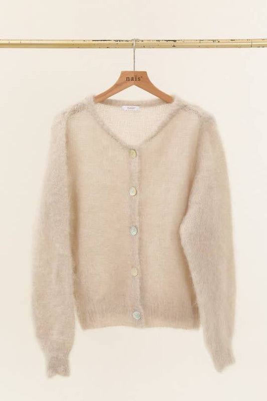 Round neck buttoned cardigan in 80% kid mohair: Beige / One size