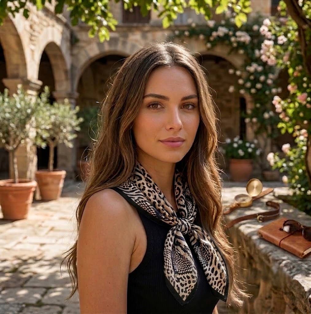 Luxury leopard-print 70x70 silk-effect polyester scarf