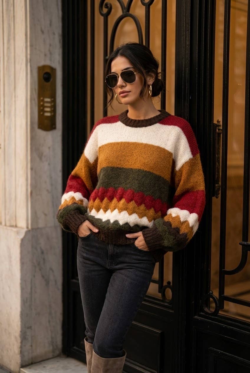 Women's oversized striped knit sweater: Brun / L/XL