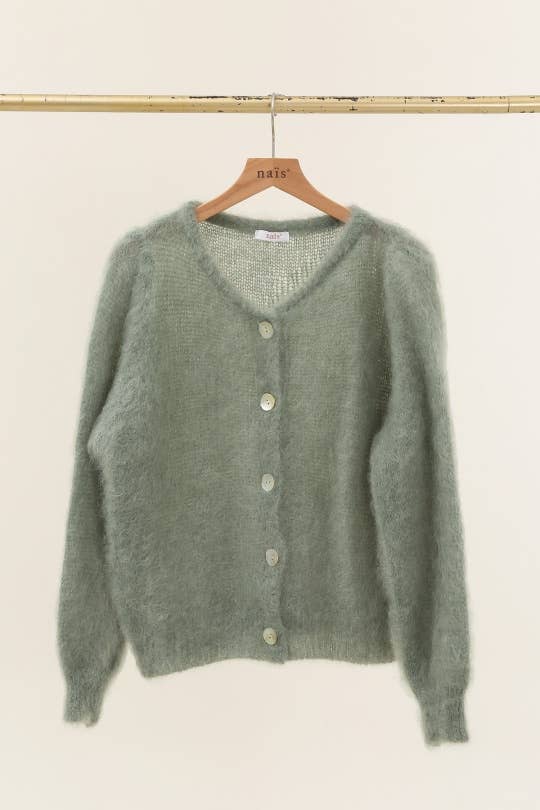 Round neck buttoned cardigan in 80% kid mohair: Beige / One size