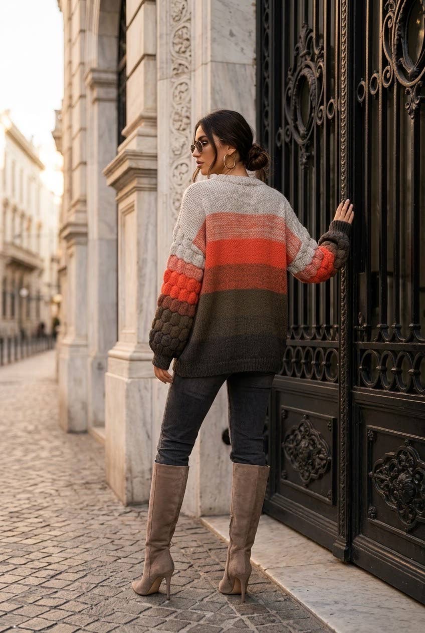 Women's striped novelty knit sweater: Orange / S/M