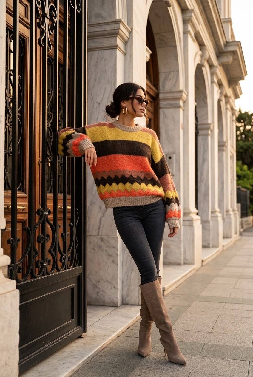 Women's oversized striped knit sweater: Brun / S/M
