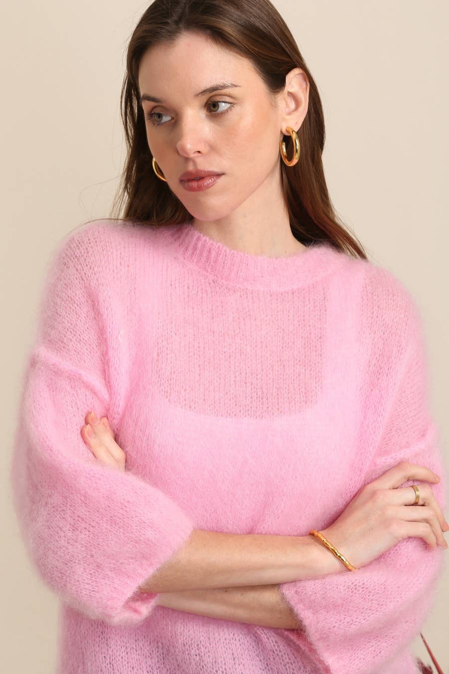 SHORT SLEEVE ROUND NECK SWEATER IN 80% KID MOHAIR: Sky Blue / One size