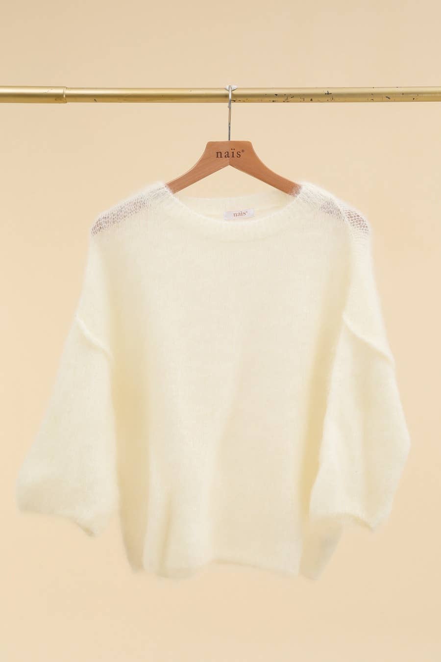 SHORT SLEEVE ROUND NECK SWEATER IN 80% KID MOHAIR: Beige / One size