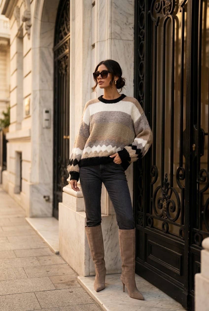 Women's oversized striped knit sweater: Brun / S/M