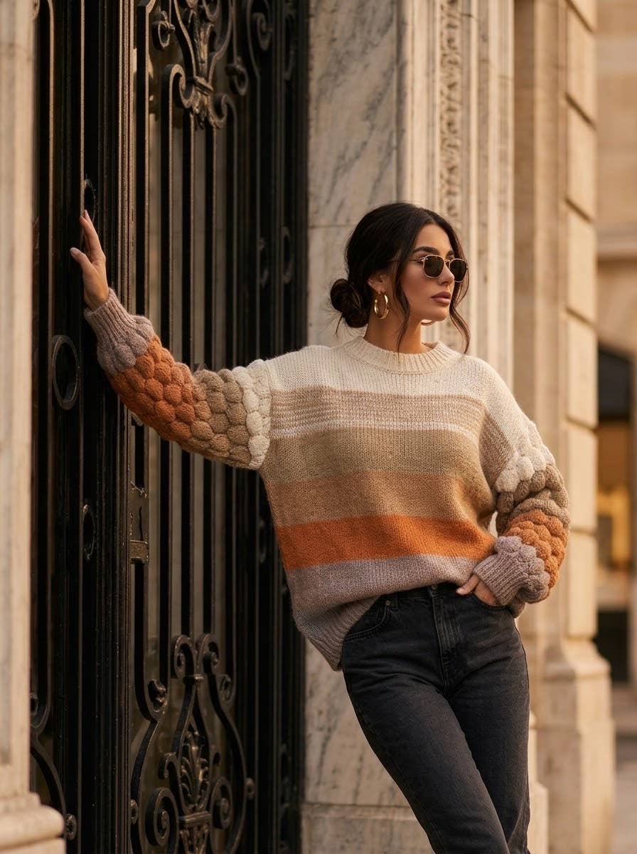 Women's striped novelty knit sweater: Orange / L/XL