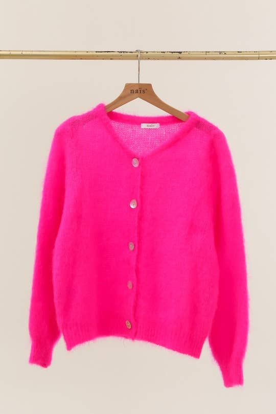 Round neck buttoned cardigan in 80% kid mohair: Beige / One size