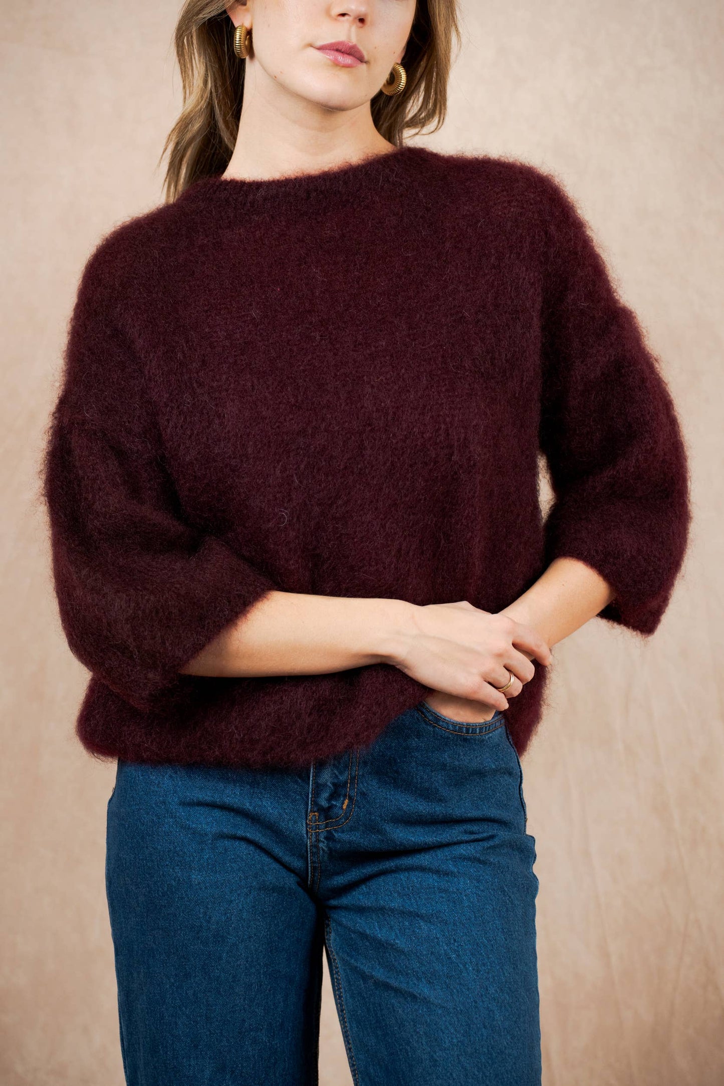 SHORT SLEEVE ROUND NECK SWEATER IN 80% KID MOHAIR: Ecru / One size