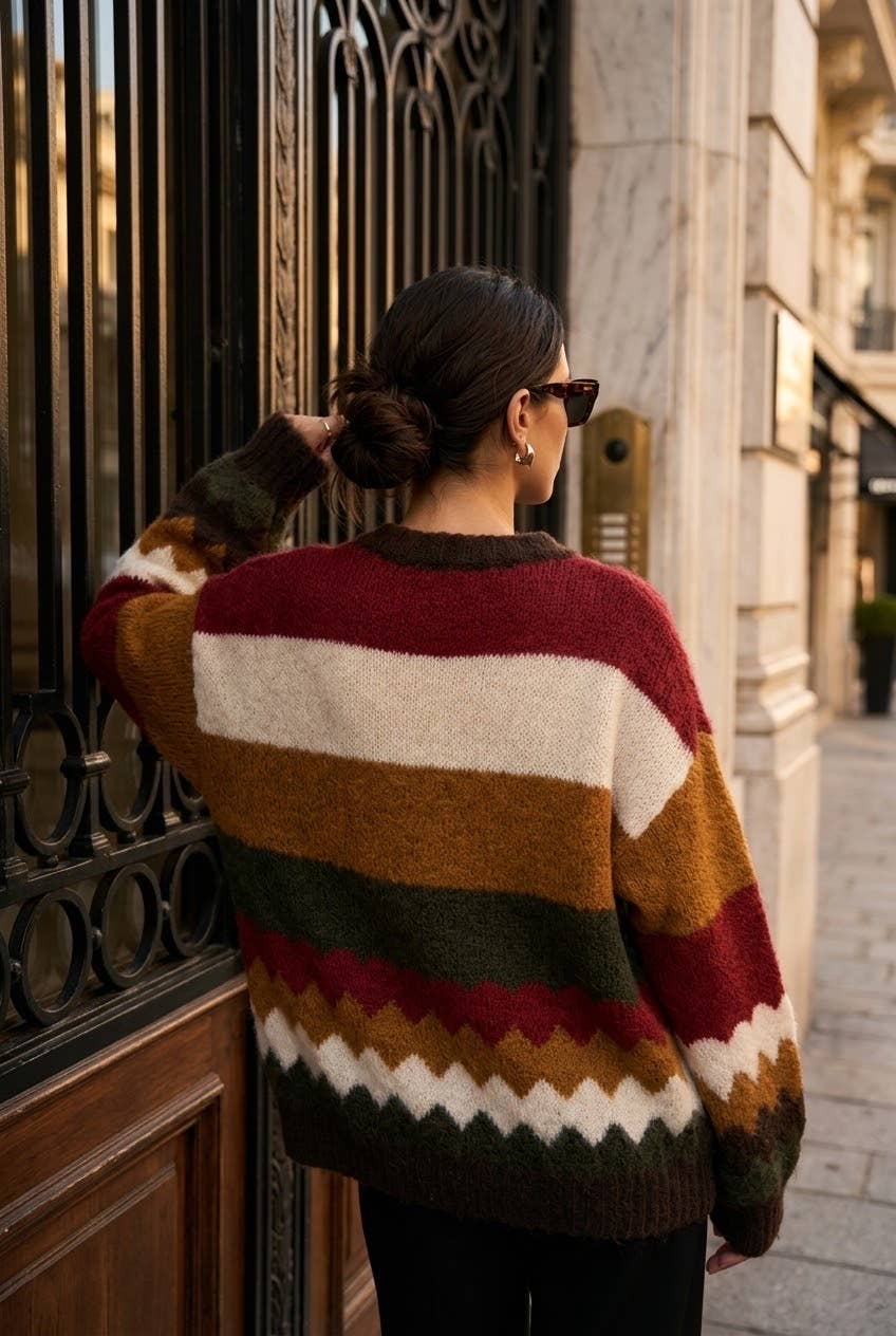 Women's oversized striped knit sweater: Brun / L/XL