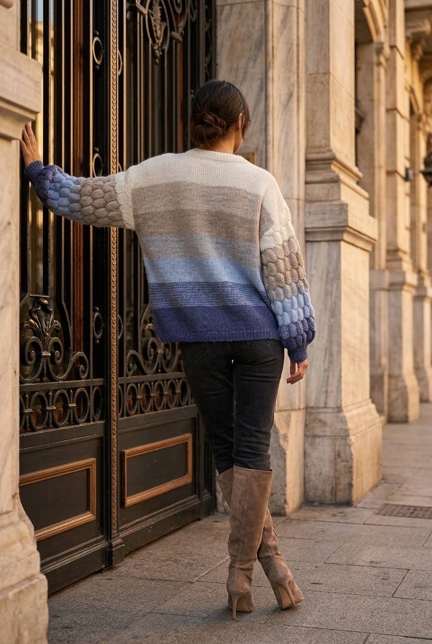 Women's striped novelty knit sweater: Orange / L/XL