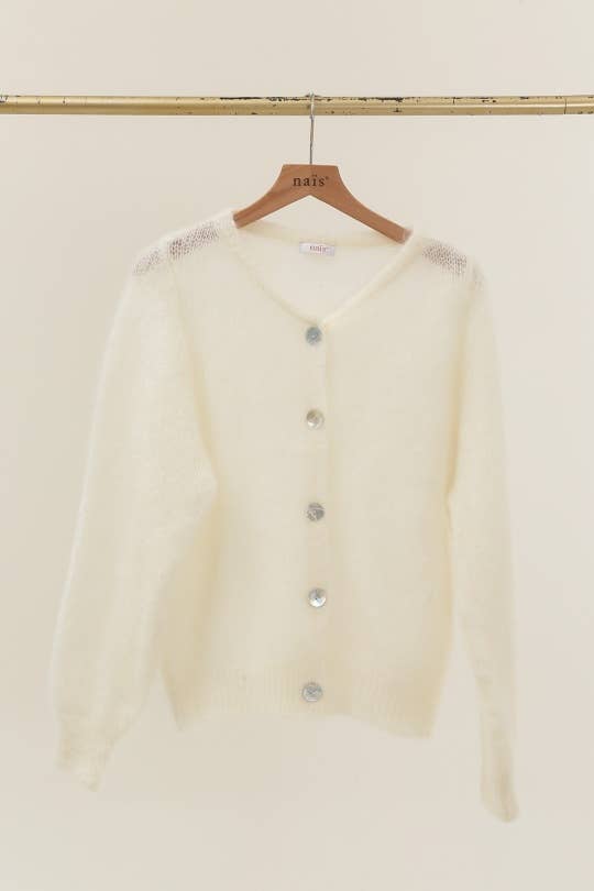 Round neck buttoned cardigan in 80% kid mohair: Beige / One size