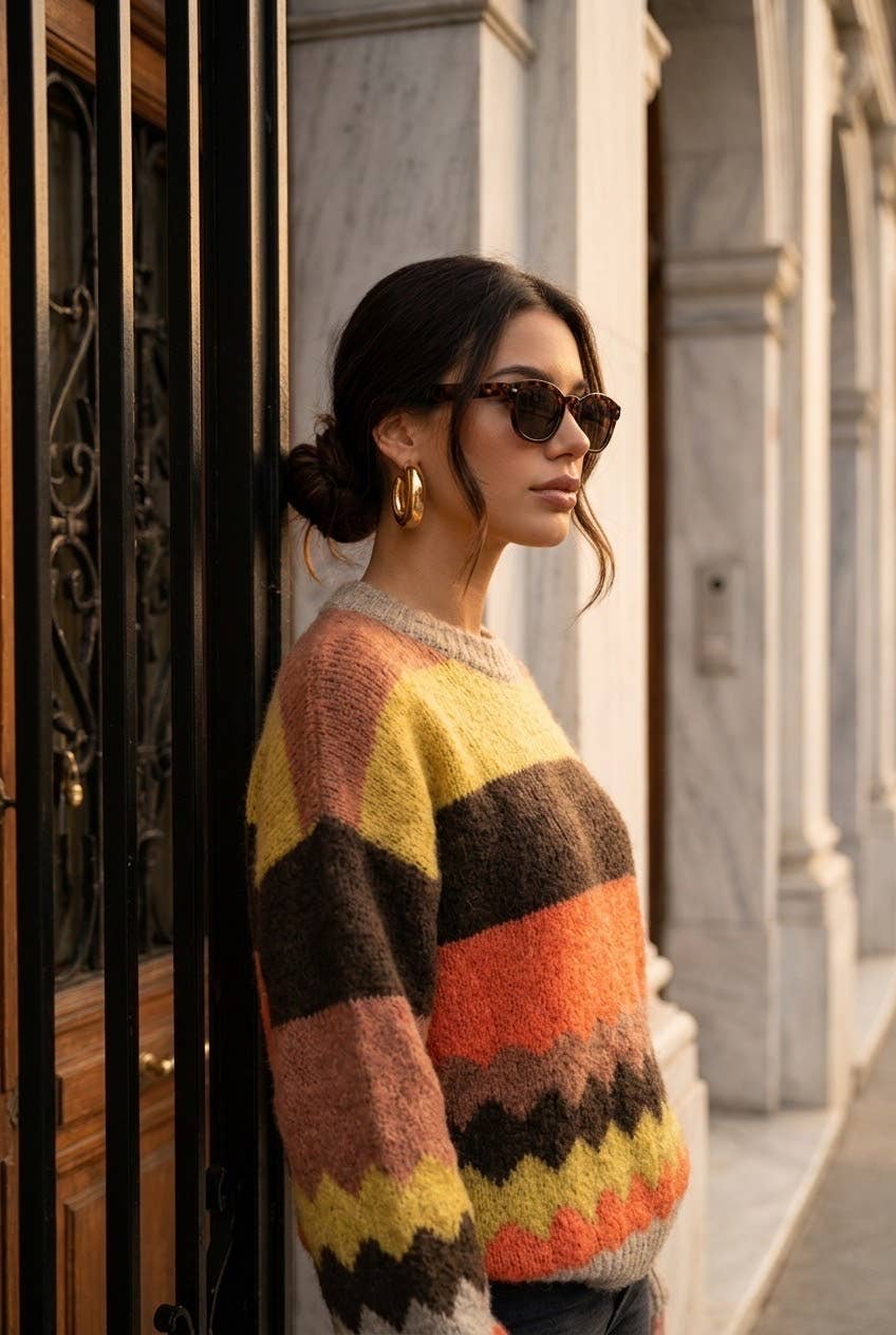 Women's oversized striped knit sweater: Brun / L/XL