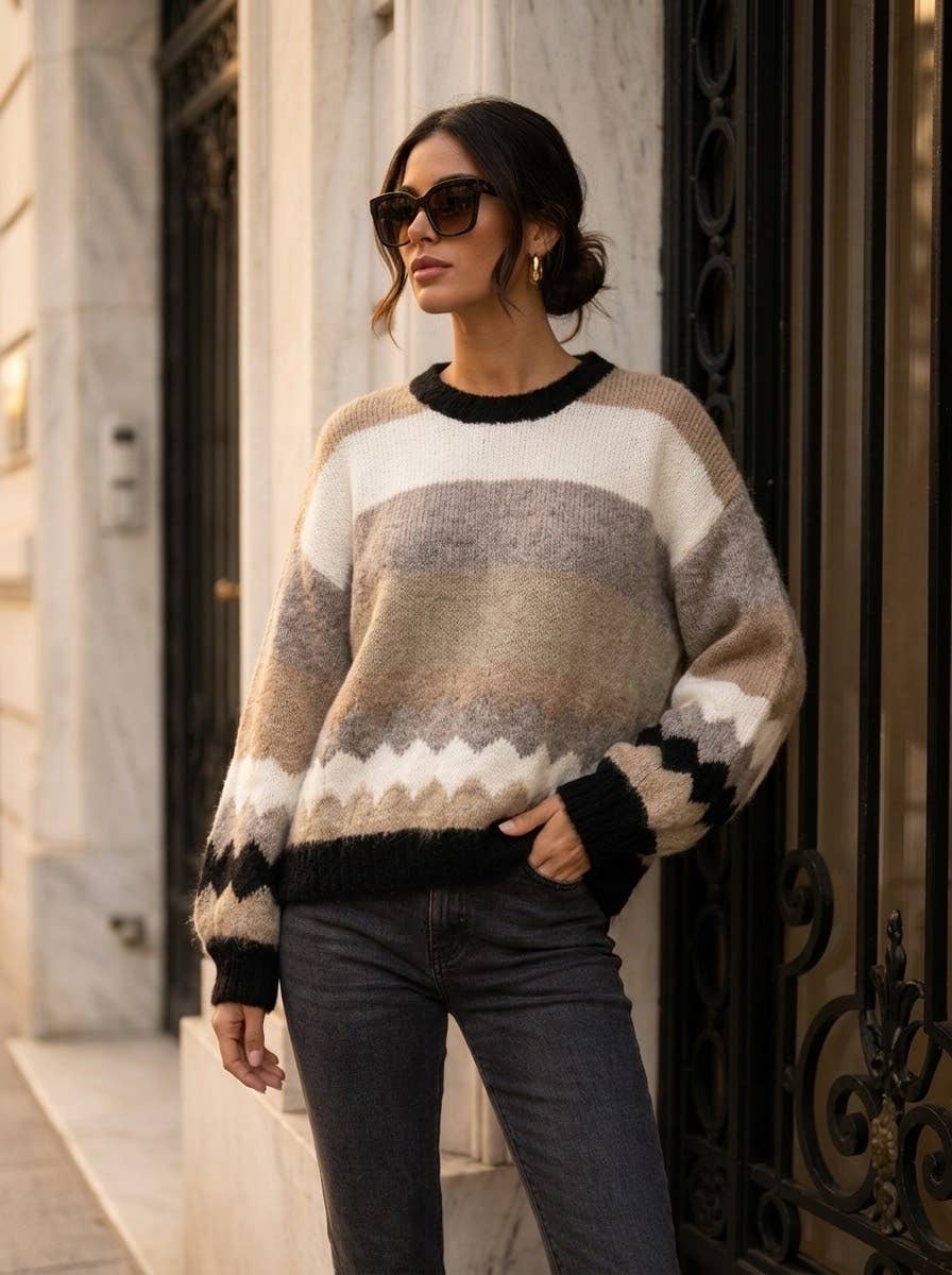 Women's oversized striped knit sweater: Brun / S/M