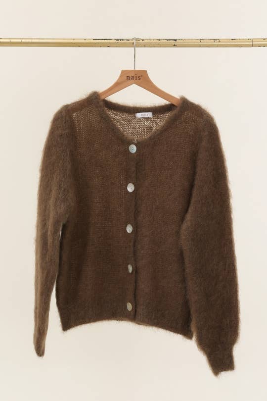 Round neck buttoned cardigan in 80% kid mohair: Beige / One size