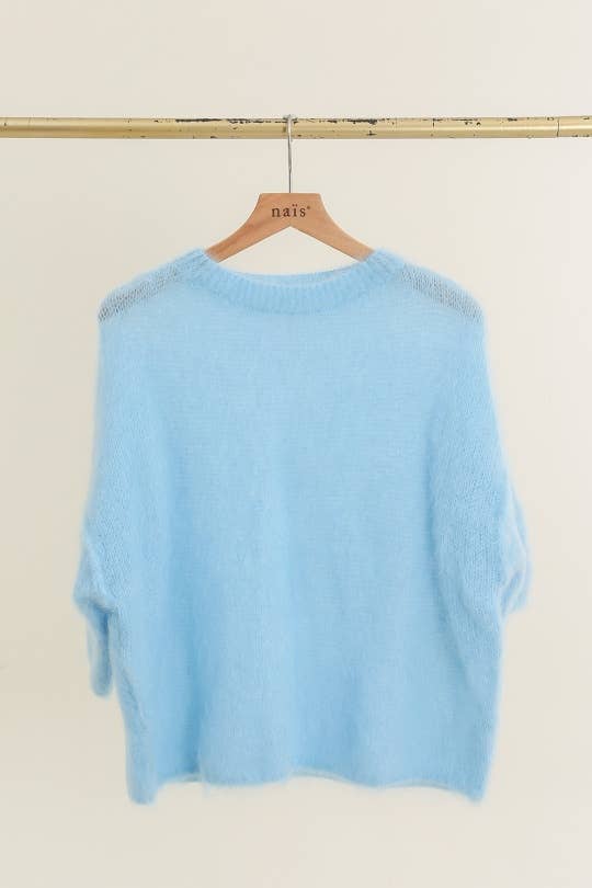 SHORT SLEEVE ROUND NECK SWEATER IN 80% KID MOHAIR: Sky Blue / One size