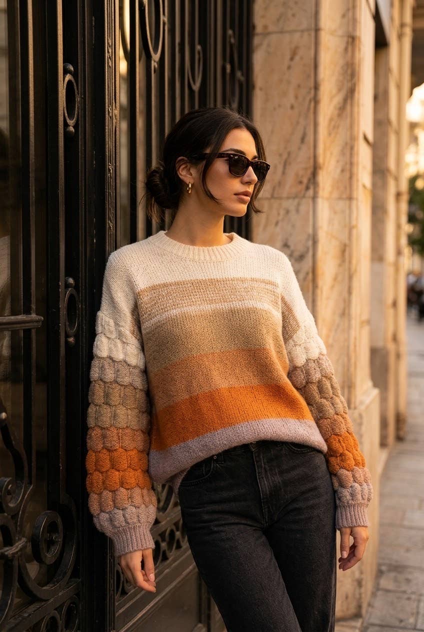 Women's striped novelty knit sweater: Orange / S/M