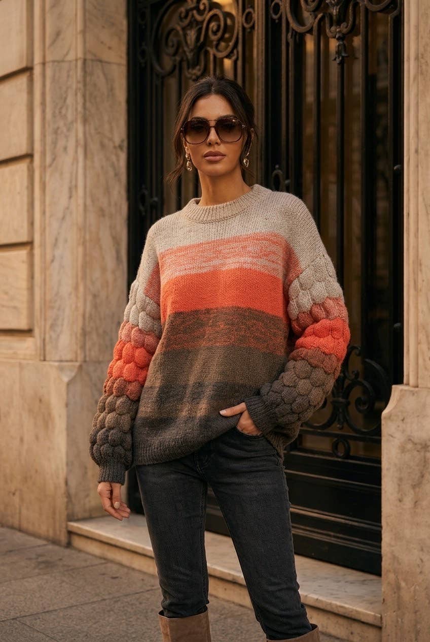 Women's striped novelty knit sweater: Orange / S/M