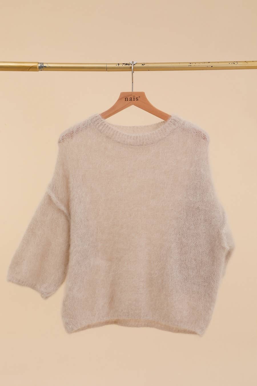 SHORT SLEEVE ROUND NECK SWEATER IN 80% KID MOHAIR: Beige / One size