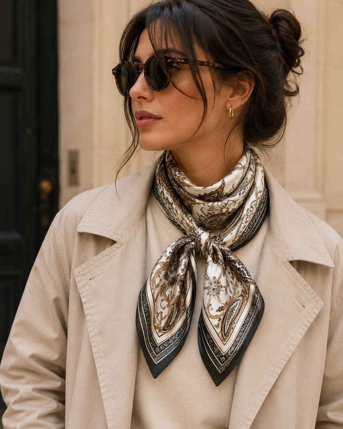 90×90 square scarf polyester silk-effect beige ecru paisley