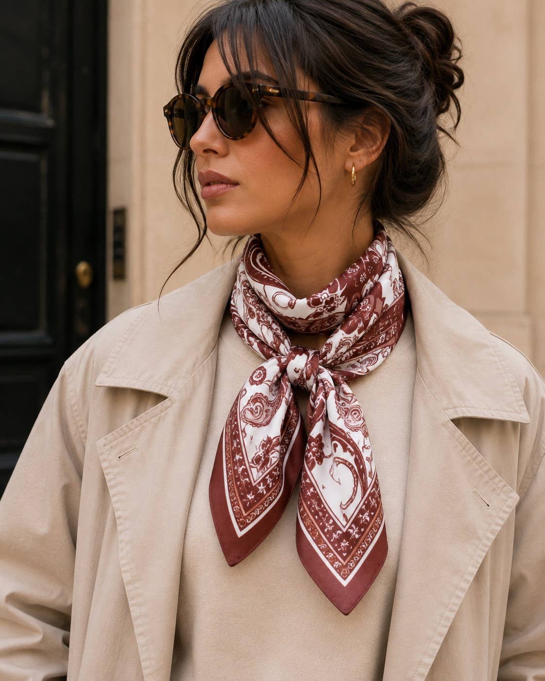 90×90 cm square scarf, polyester silk-effect, burgundy paisley