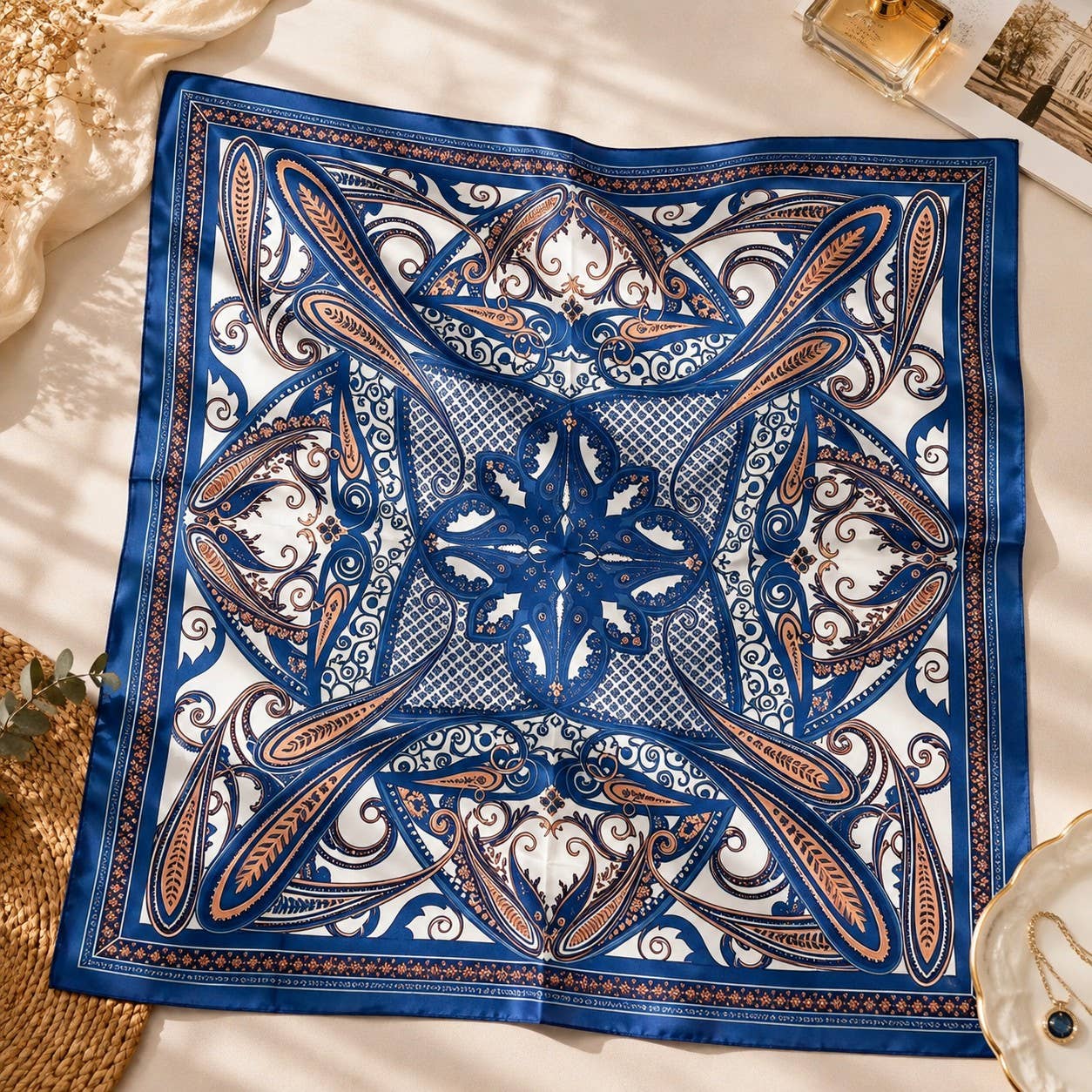 90×90 cm square scarf, polyester silk-effect, blue paisley