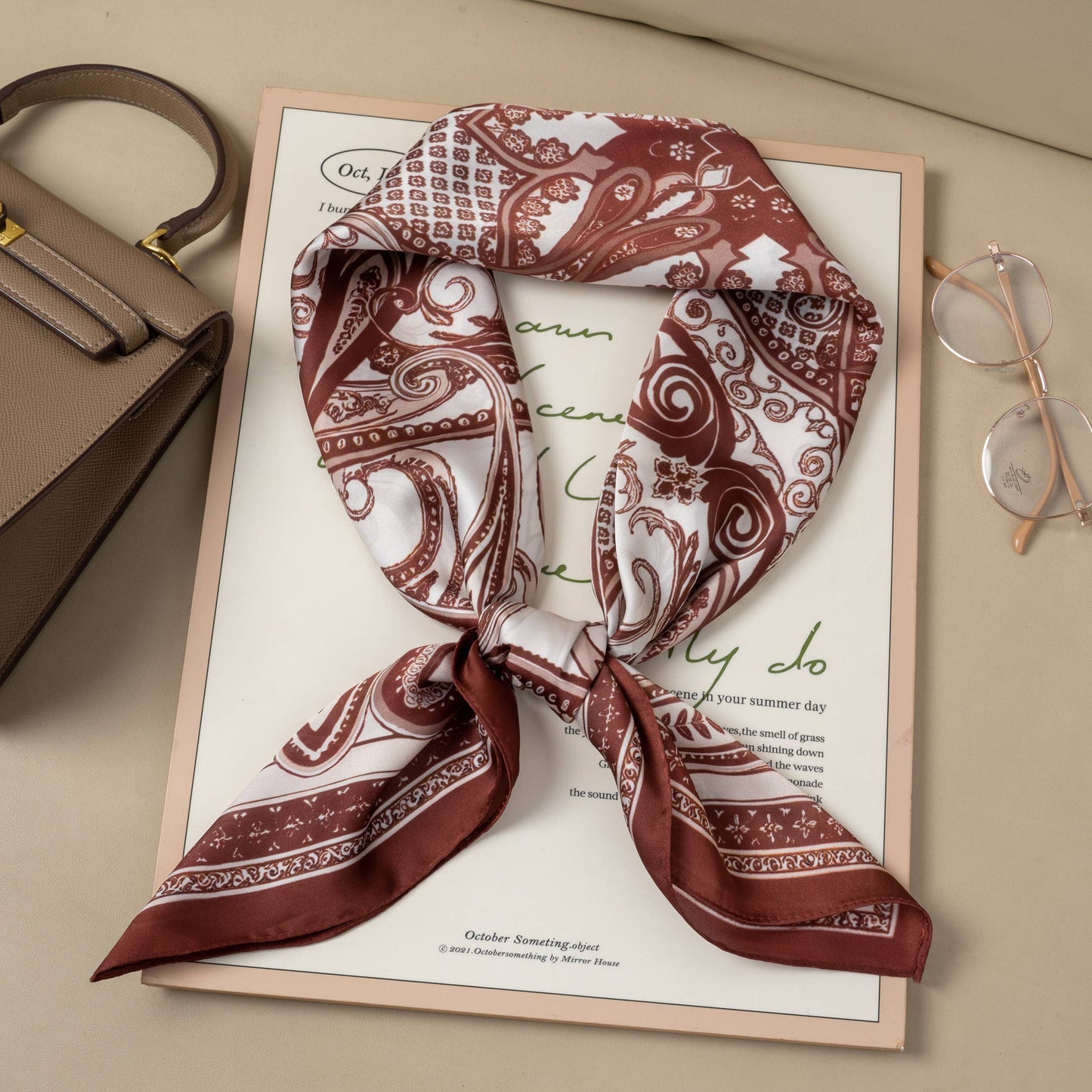 90×90 cm square scarf, polyester silk-effect, burgundy paisley