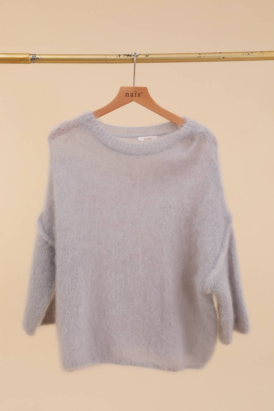 SHORT SLEEVE ROUND NECK SWEATER IN 80% KID MOHAIR: Beige / One size