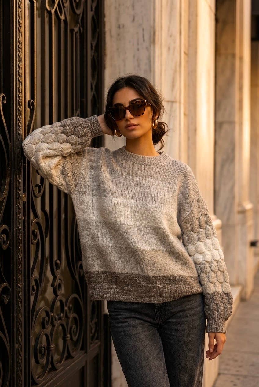 Women's striped novelty knit sweater: Orange / L/XL