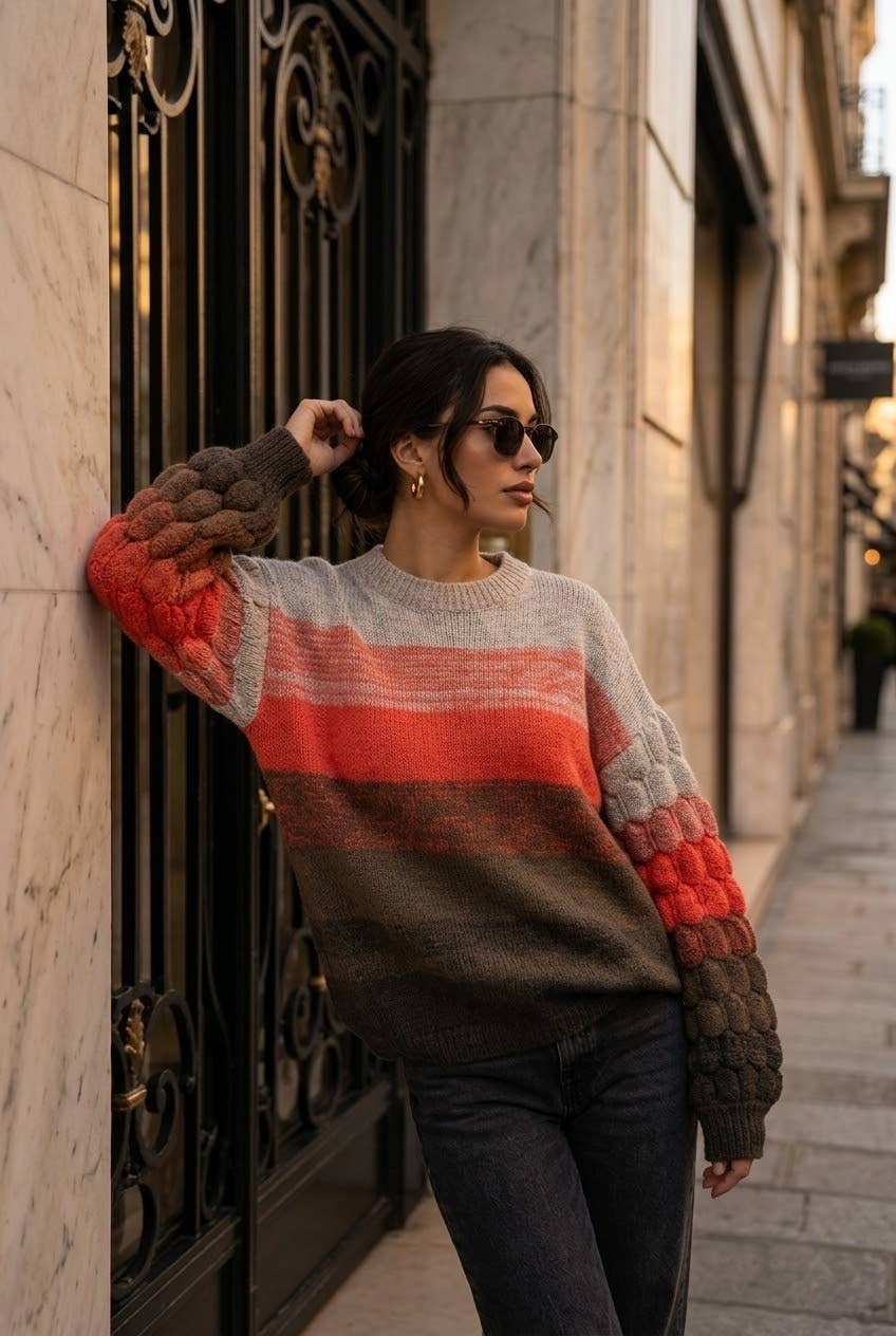 Women's striped novelty knit sweater: Orange / L/XL