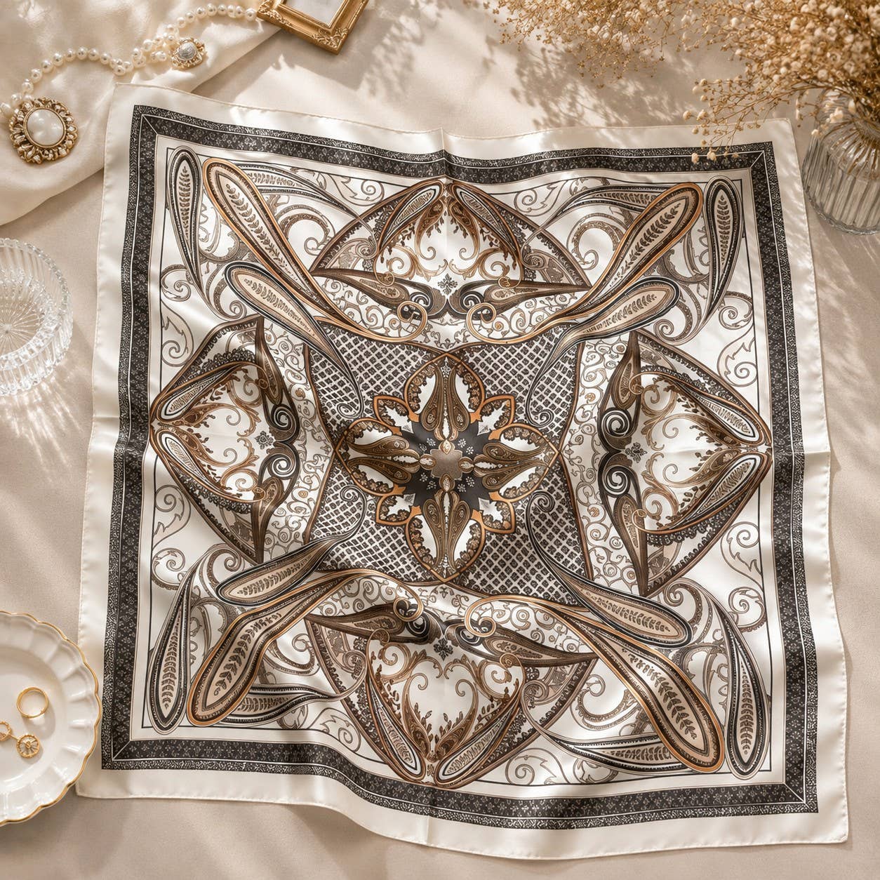 90×90 square scarf polyester silk-effect beige ecru paisley