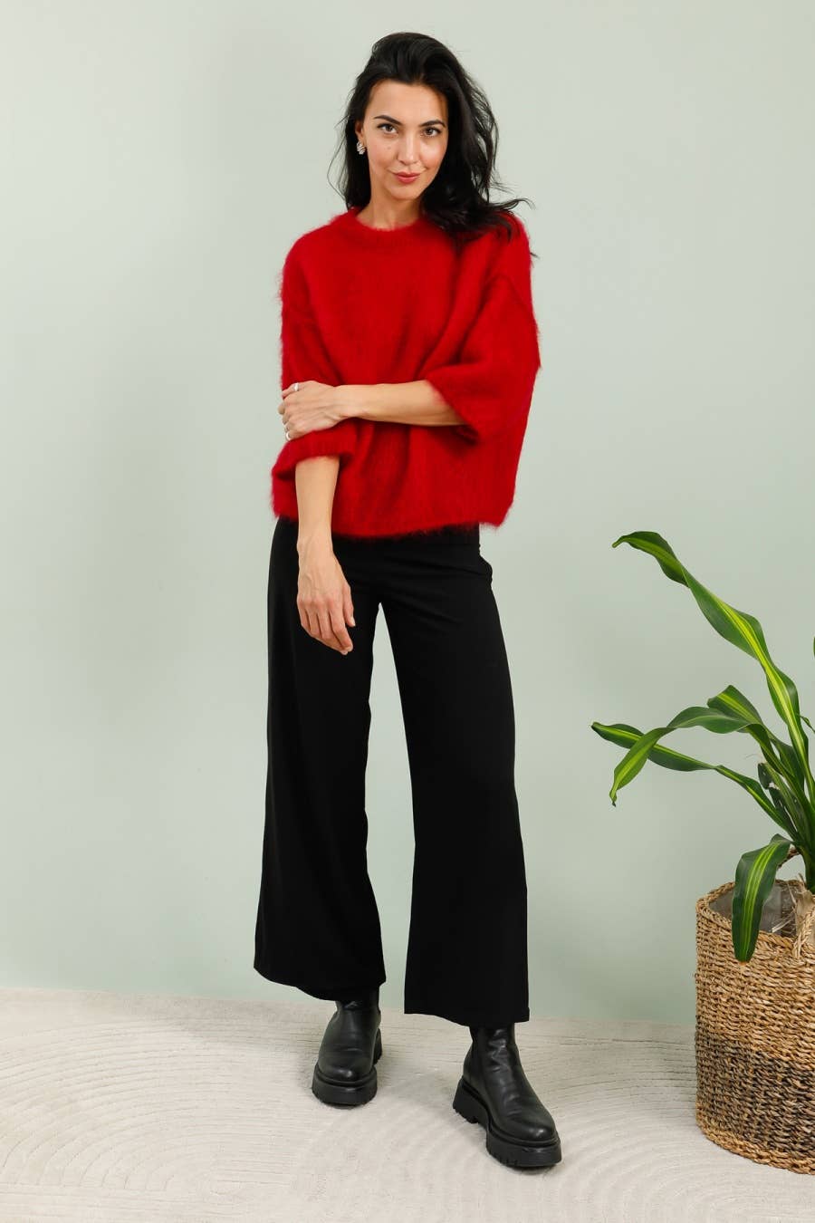 SHORT SLEEVE ROUND NECK SWEATER IN 80% KID MOHAIR: Ecru / One size