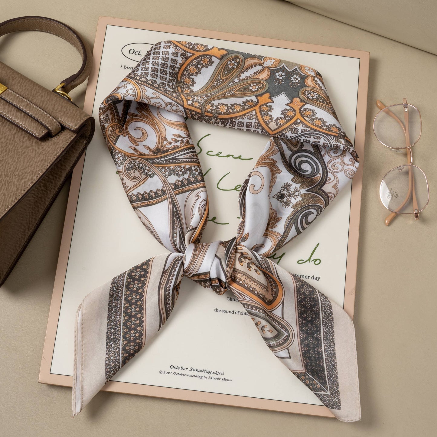 90×90 square scarf polyester silk-effect beige ecru paisley