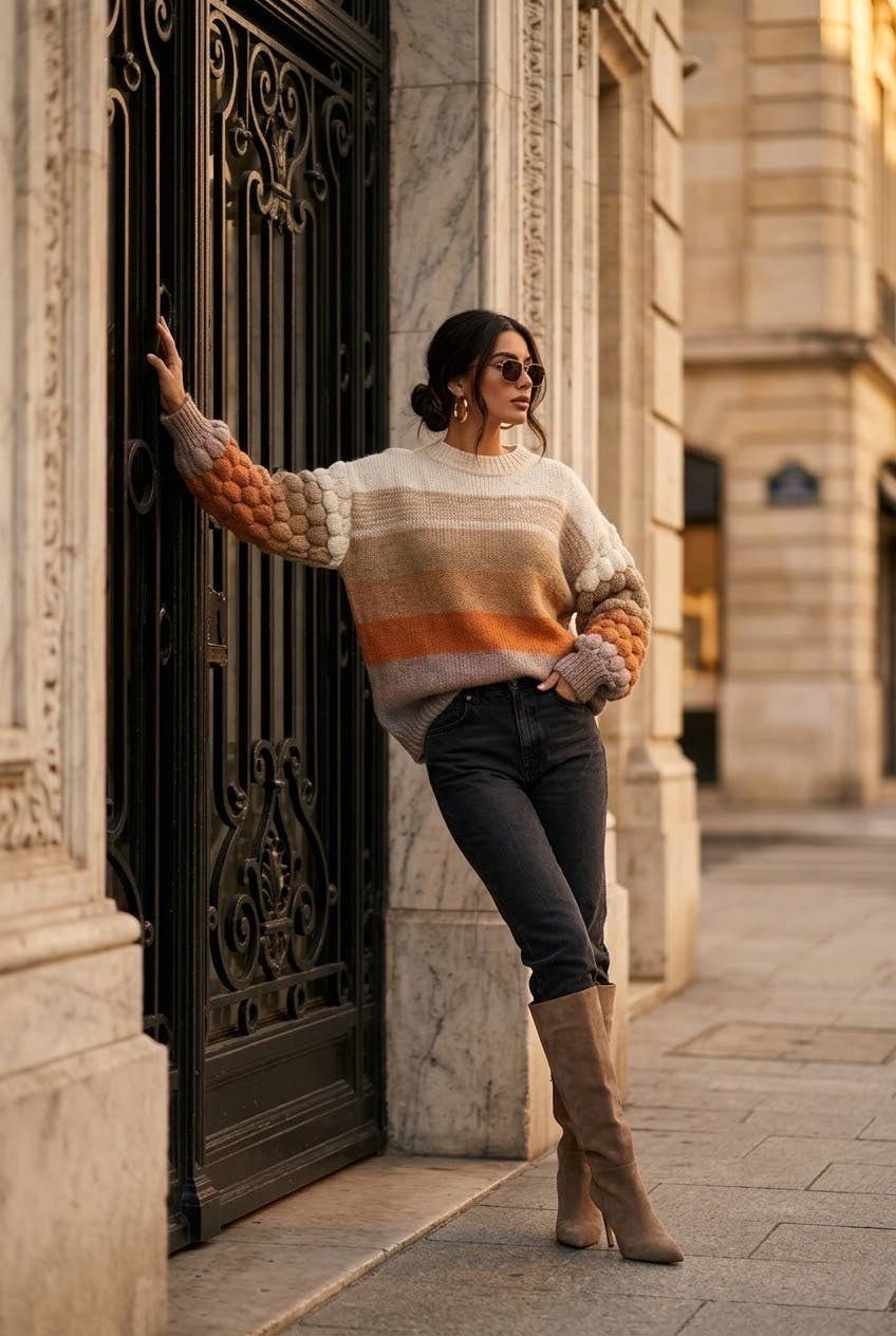 Women's striped novelty knit sweater: Orange / L/XL