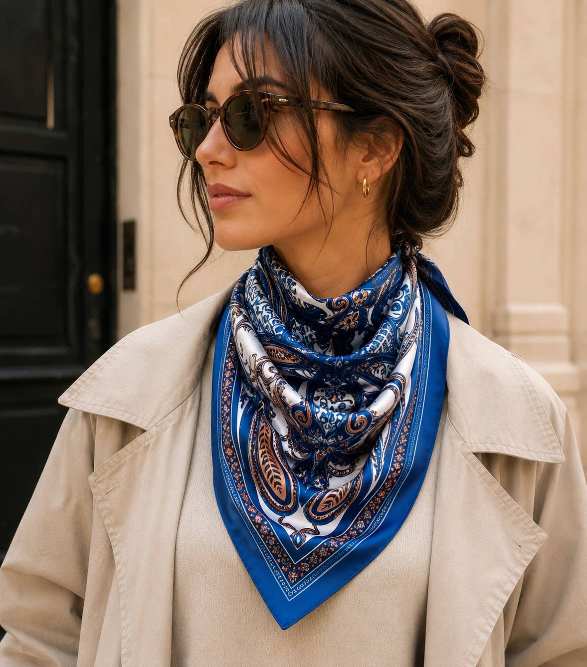 90×90 cm square scarf, polyester silk-effect, blue paisley