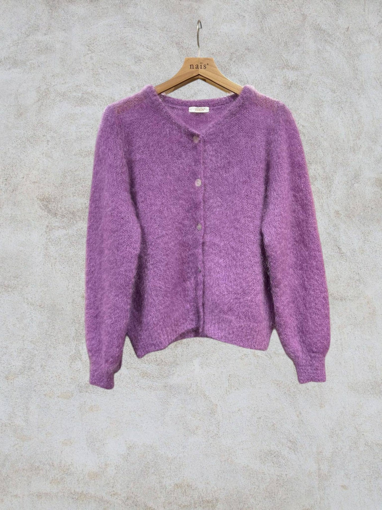 Round neck buttoned cardigan in 80% kid mohair: Beige / One size