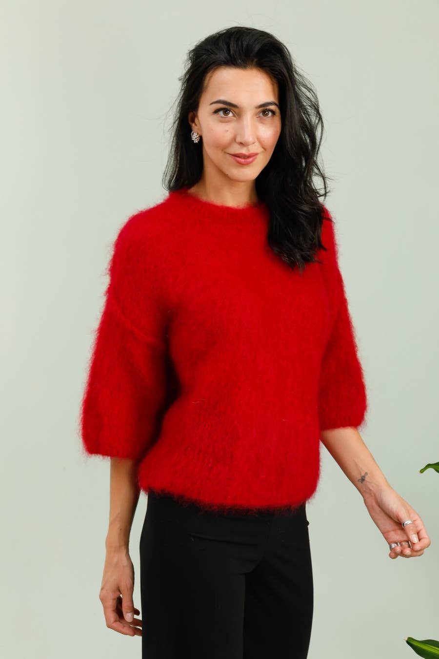 SHORT SLEEVE ROUND NECK SWEATER IN 80% KID MOHAIR: Sky Blue / One size