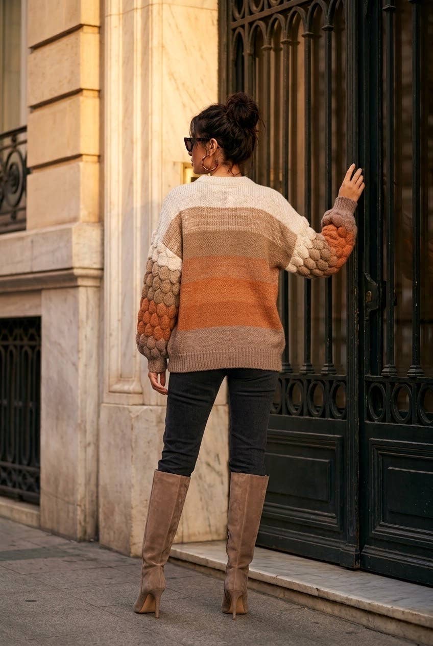 Women's striped novelty knit sweater: Orange / L/XL