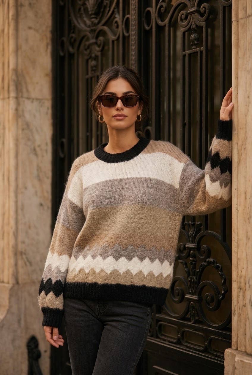 Women's oversized striped knit sweater: Brun / L/XL