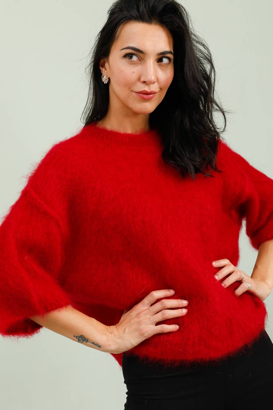 SHORT SLEEVE ROUND NECK SWEATER IN 80% KID MOHAIR: Lilas / One size